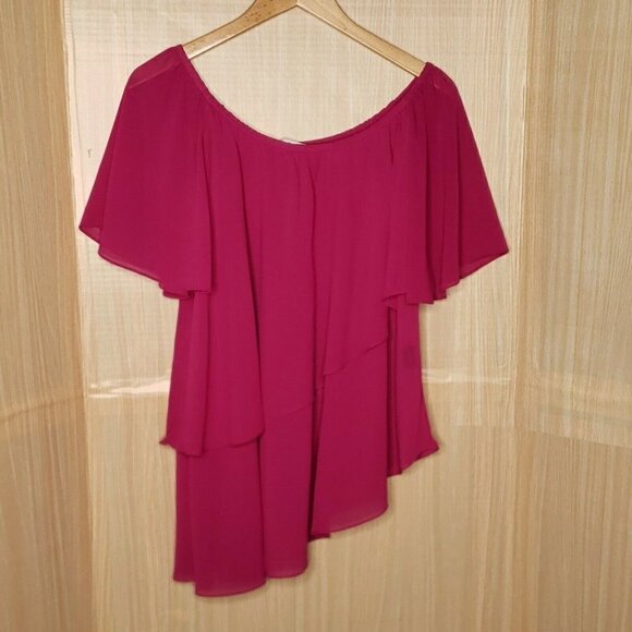Belle Badgley Mischka Pink Flowy Asymmetrical Off The Shoulder Blouse Large - Picture 1 of 5